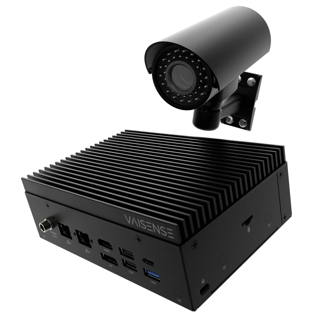 An AI-enabled industrial PC with a camera above it