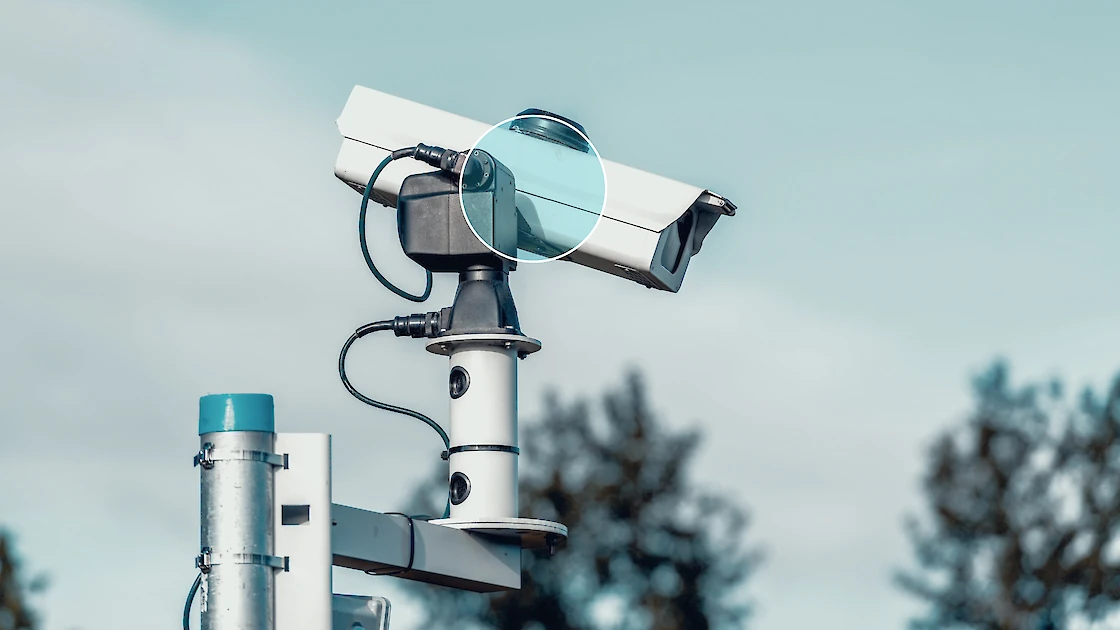 An outdoor security camera monitoring a construction site for theft with AI.