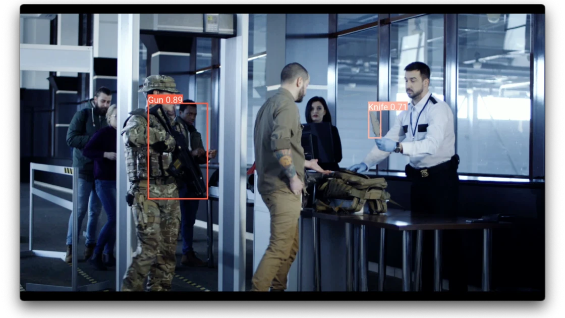 AI Detection of weapons, gun, knife in airport security