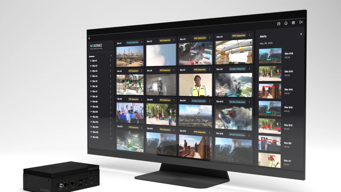 An Edge-AI server beside a display showing AI detection of PPE and worksite safety.
